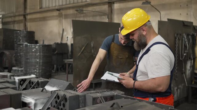 Industrial workers discussing project plans in a metal factory