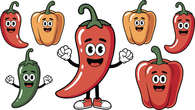 Colorful cartoon pepper character vector set featuring happy bell peppers and spicy chili peppers with cute smiling faces for healthy food education kitchen decor and culinary mascot designs.