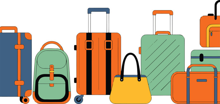 Travel luggage and baggage vector set including colorful suitcases backpacks handbags and duffel bags for vacation trip planning international tourism and airport transportation concepts.