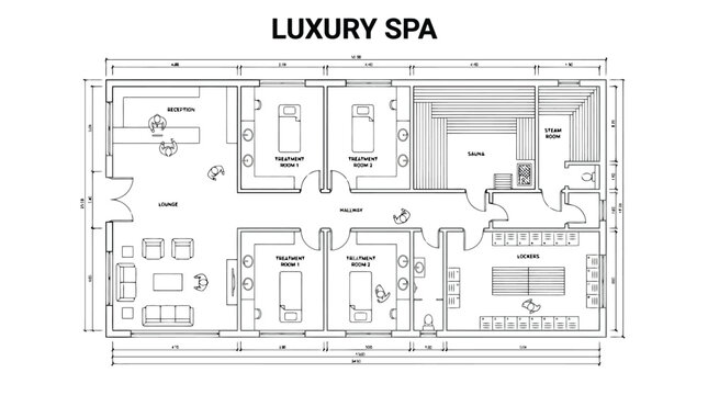 Luxury Spa Floor Plan Architectural Blueprint Vector for Wellness Center Construction, Interior Design Planning & Real Estate Development (EPS)
