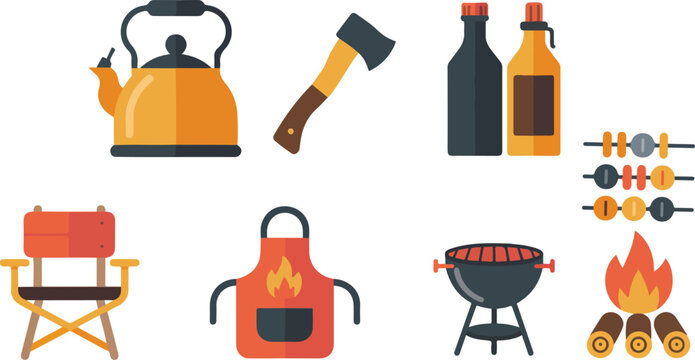 Outdoor camping and barbecue vector icon set featuring campfire grill skewers axes kettle apron and folding chair for summer picnic adventure hiking and backyard cooking themes.
