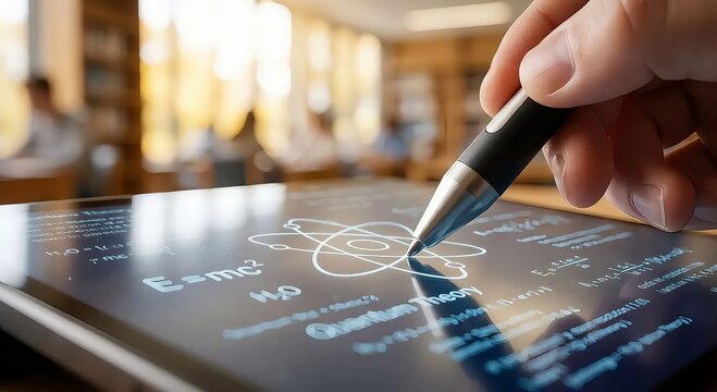 Student Using Stylus Pen on Tablet to Study Quantum Physics and Relativity Theory with Digital Atom Illustration in Modern Classroom