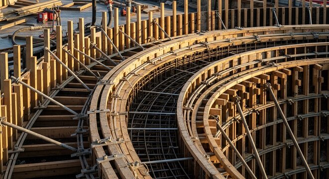 Circular concrete formwork with steel reinforcement at building site