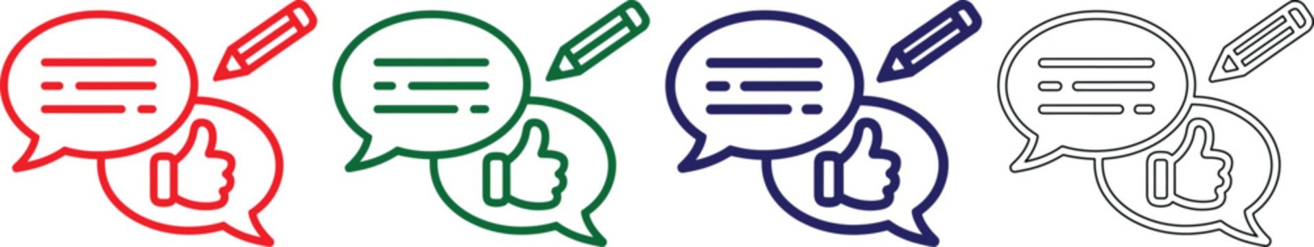 Colorful speech bubbles with thumbs up and pencils for feedback or approval isolated on white background