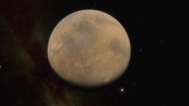 Animation of the planet Mars with its light and dark zone and its moon Phobos in orbit around it. 