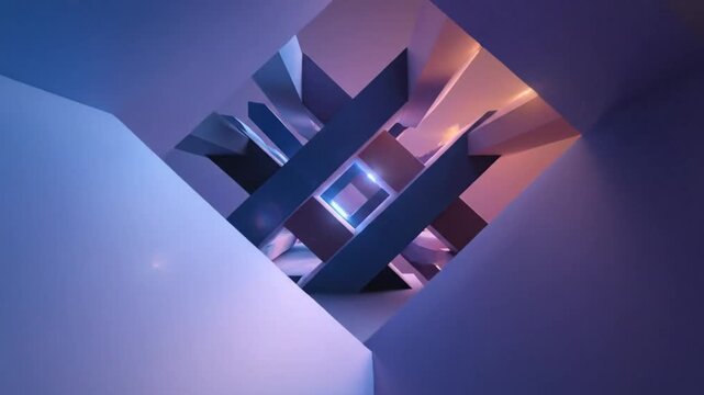 Abstract geometric 3D animation of interconnected dark gray beams in an ethereal and colorful modern space