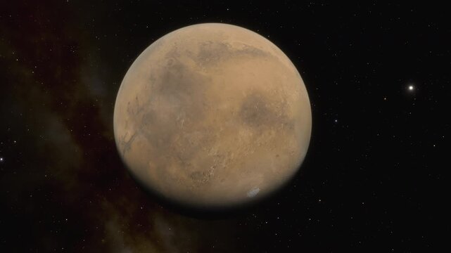 Animation of the planet Mars with its light and dark zone and its moon Phobos in orbit around it. 