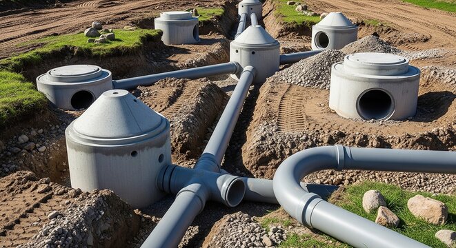 Underground concrete utility manholes and plastic pipes construction site