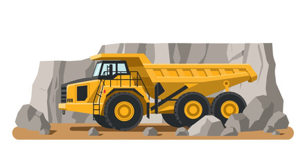 Obraz premium Large Yellow Mining Dump Truck Illustration in an Open Pit Quarry with Rocks - Industrial Heavy Duty Haul Truck for Construction and Excavation Projects