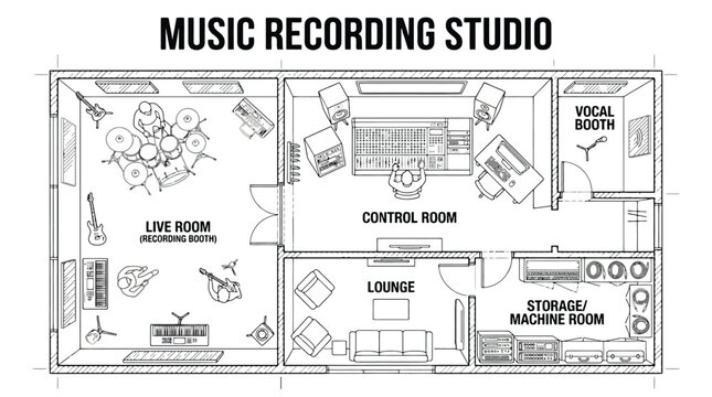 Music Recording Studio Floor Plan Layout Architectural Vector for Sound Engineering, Interior Design & Professional Audio Production Projects (EPS)