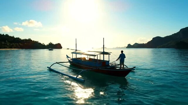 Tranquil tropical coastal scene with a lone boat sailing on crystal clear water under the warm sunlight