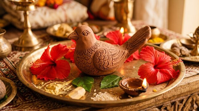 Close-up of Handcrafted Terracotta Cuckoo Bird on Brass Plate with Red Hibiscus Flowers for Kokila Vrat Ritual and Traditional Indian Festival
