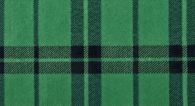 A seamless green plaid fabric texture featuring a woven tartan pattern and checkered geometric design for use as a colorful textile wallpaper backdrop or fashion material