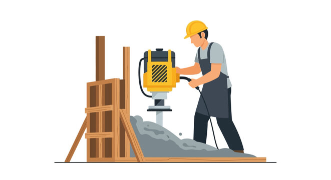 Construction Worker Using Power Tamping Rammer for Soil Compaction at Building Site Vector Illustration
