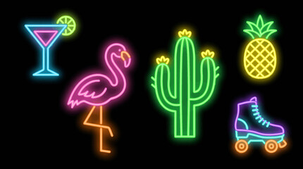 Neon icons of vacation and leisure. © Abhinaya Project