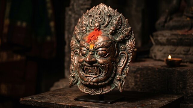 Highly Detailed Copper Bhairava Mask with Intricate Traditional Carvings and Vibrant Vermilion Tilak on Forehead for Kalashtami Festival Rituals