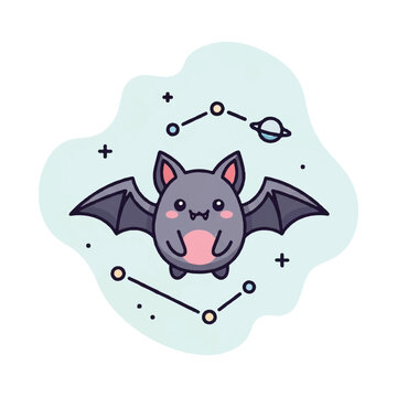 Cute Cartoon Bat Character Flying Smiling.