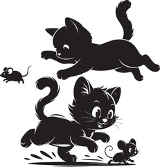 Naklejka premium A black cat chasing a mouse, depicted as a dynamic illustration in a bold silhouette style.