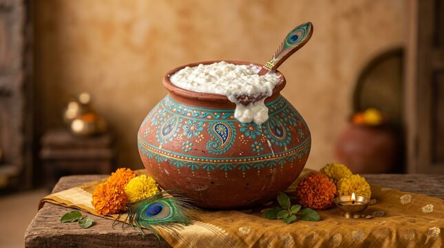 Hand-painted turquoise clay pot overflowing with fresh white Makhan butter, traditional offering for Masik Krishna Janmashtami celebration in India