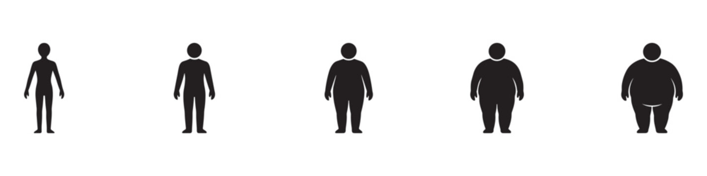 Human body weight transformation icon set. From thin to obese silhouette progression. Health and fitness scale. Vector illustration. EPS 10