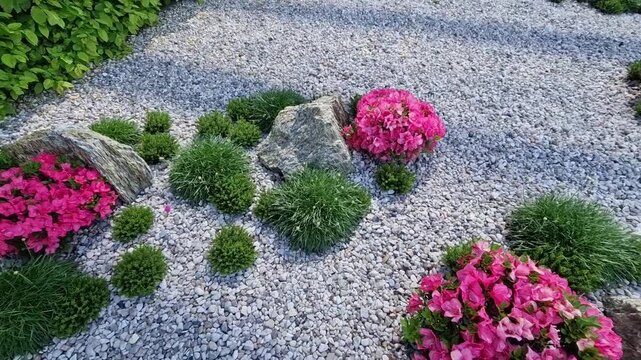 gneiss rockeries on a pebbled area. around stones grow azalea and glass plants like small trees and bushes. and in spring they bloom but otherwise I calm guests of caf&eacute; in tea atrium. bloom. blossom