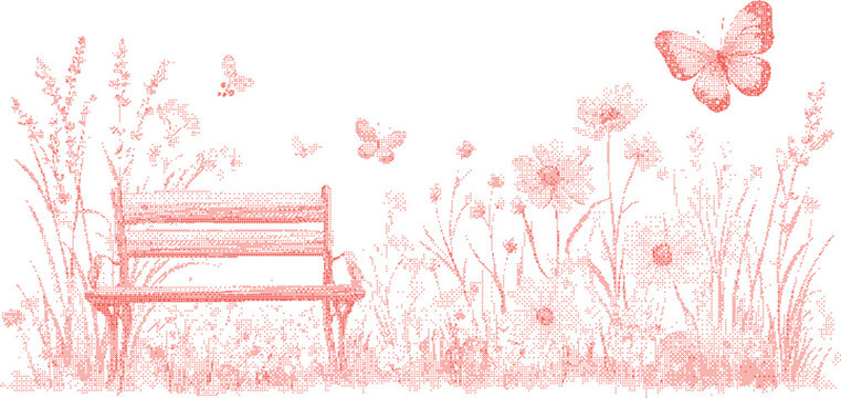 Garden bench with butterflies and wildflowers in soft morning light serene outdoor concept