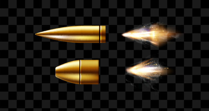 Gunshots, bullet in motion, military smoke trails. Realistic flying bullet in motion. Smoke traces isolated on transparent background. Handgun shoot trails.