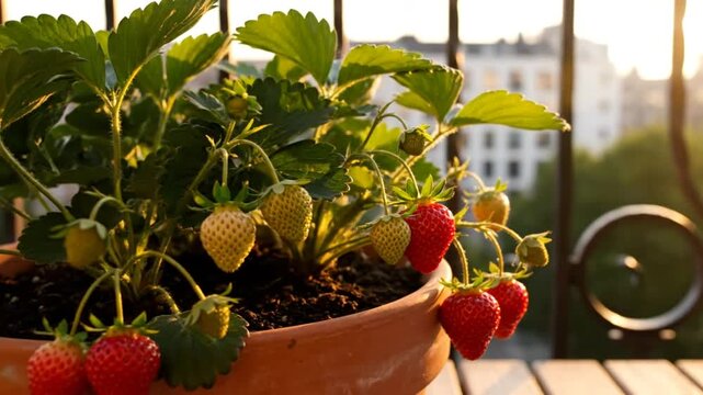 Ripe and unripe strawberries in a terracotta pot on a sunny balcony with blurred background of city buildings