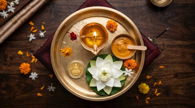 Guru Pushya Yog Ritual Plate with Brass Thali, Glowing Oil Lamp, Gold Coin, Sandalwood Paste, and White Lotus Flower for Auspicious Wealth