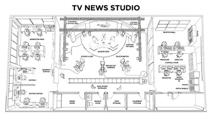 Obraz premium TV News Studio Floor Plan Layout Vector Illustration for Broadcasting Architecture, Media Production Planning & Television Interior Design (EPS)