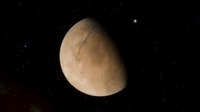 Animation of the planet Mars with its light and dark zone and its moon Phobos in orbit around it. 