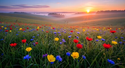 Obraz premium Radiant sunrise spills golden and pink light across a misty countryside as a vibrant carpet of red, yellow and blue wildflowers blooms in the foreground, welcoming the first warm rays of a serene new 