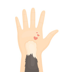 Obraz premium Vector illustration of a human hand gently holding a cat paw, symbolizing care, trust, friendship between pet and owner, isolated on white background, clean flat design with soft lines