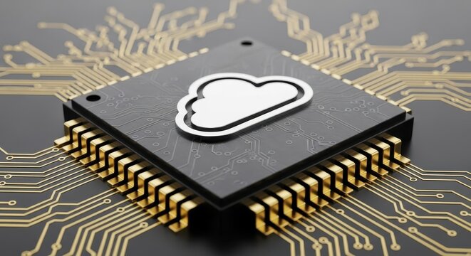 Black computer chip with cloud icon on circuit board