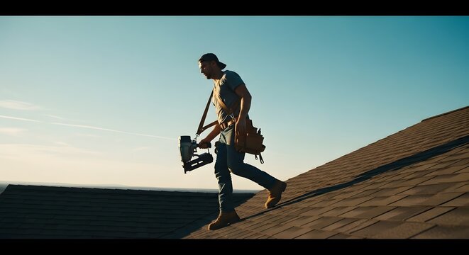 Man walking on a roof with a tool bag and roofing nailer in hand