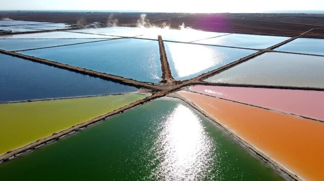 Aerial view of colorful salt evaporation ponds with water reflecting sunlight and surrounded by land
