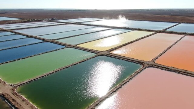 Aerial view of colorful evaporation ponds showcasing natural mineral production and salt harvesting process under bright sunlight