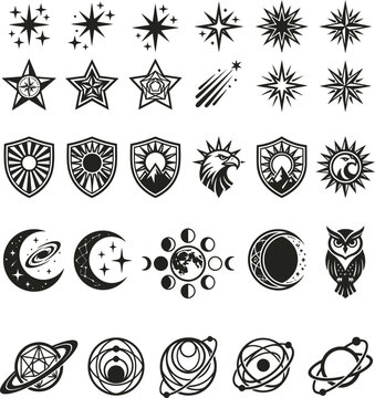 A collection of various celestial icons including stars shields moons planets and cosmic symbols designed as a black and white vector illustration on transparent background