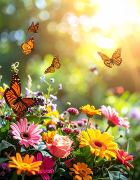 Vibrant Monarch Butterflies and Colorful Flowers in Sunlight