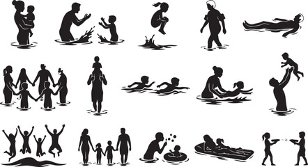 Black silhouettes of happy families and children playing and swimming in water during a fun summer vacation at the beach or a pool isolated on white background, Vector, illustration