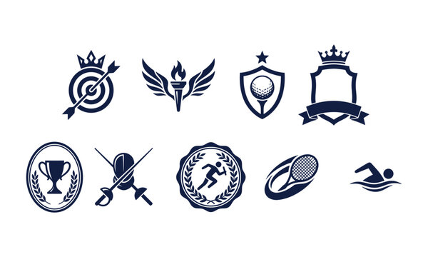Set of professional sports emblems featuring various athletic equipment symbols and championship trophies crafted in a clean flat vector illustration style isolated on transparent background