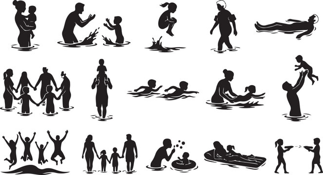 Black silhouettes of happy families and children playing and swimming in water during a fun summer vacation at the beach or a pool isolated on white background, Vector, illustration