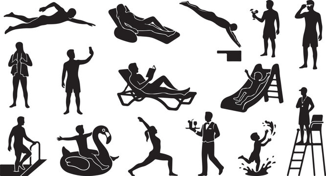 Set of black silhouettes showing people enjoying summer activities at a swimming pool resort and water park with various leisure recreation poses isolated on white background, Vector, illustration