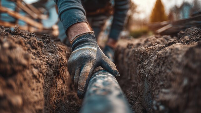 Worker installing underground geothermal loop pipe in trench for residential heating system.