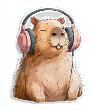 Cute Capybara Wearing Headphones Listening to Music, Hand Drawn Illustration with Musical Notes on White Background