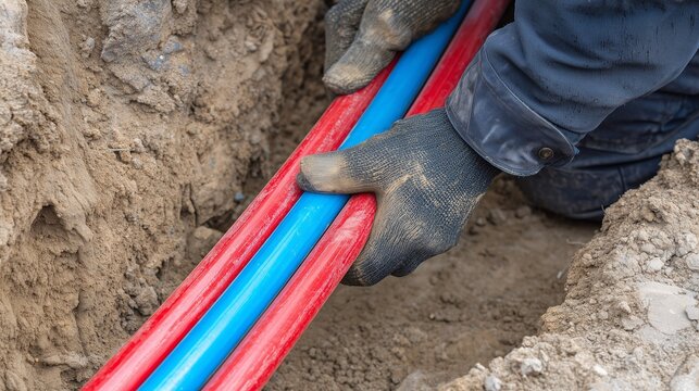 Plumber repairing underground geothermal heating system pipe loop in trench with red and blue insulated piping and gloved hands.
