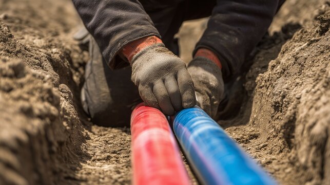 Plumber repairing underground geothermal heating system pipe in trench, red and blue insulated supply and return pipe, gloved hands, soil - repair and connection work.
