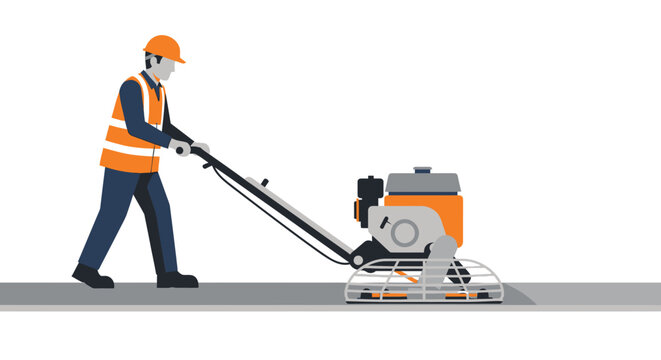 Construction Worker Using Power Trowel Machine for Concrete Finishing and Smoothing on White Background Vector Illustration