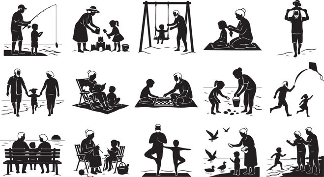 Set of black silhouettes showing family activities like fishing playing on the beach reading books and spending time together in nature outdoors isolated on white background, Vector, illustration