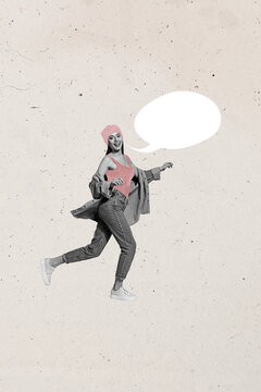 Sketch image artwork pop trend collage of happy hipster girl run bubble communication speech icon chatterbox monologue text box